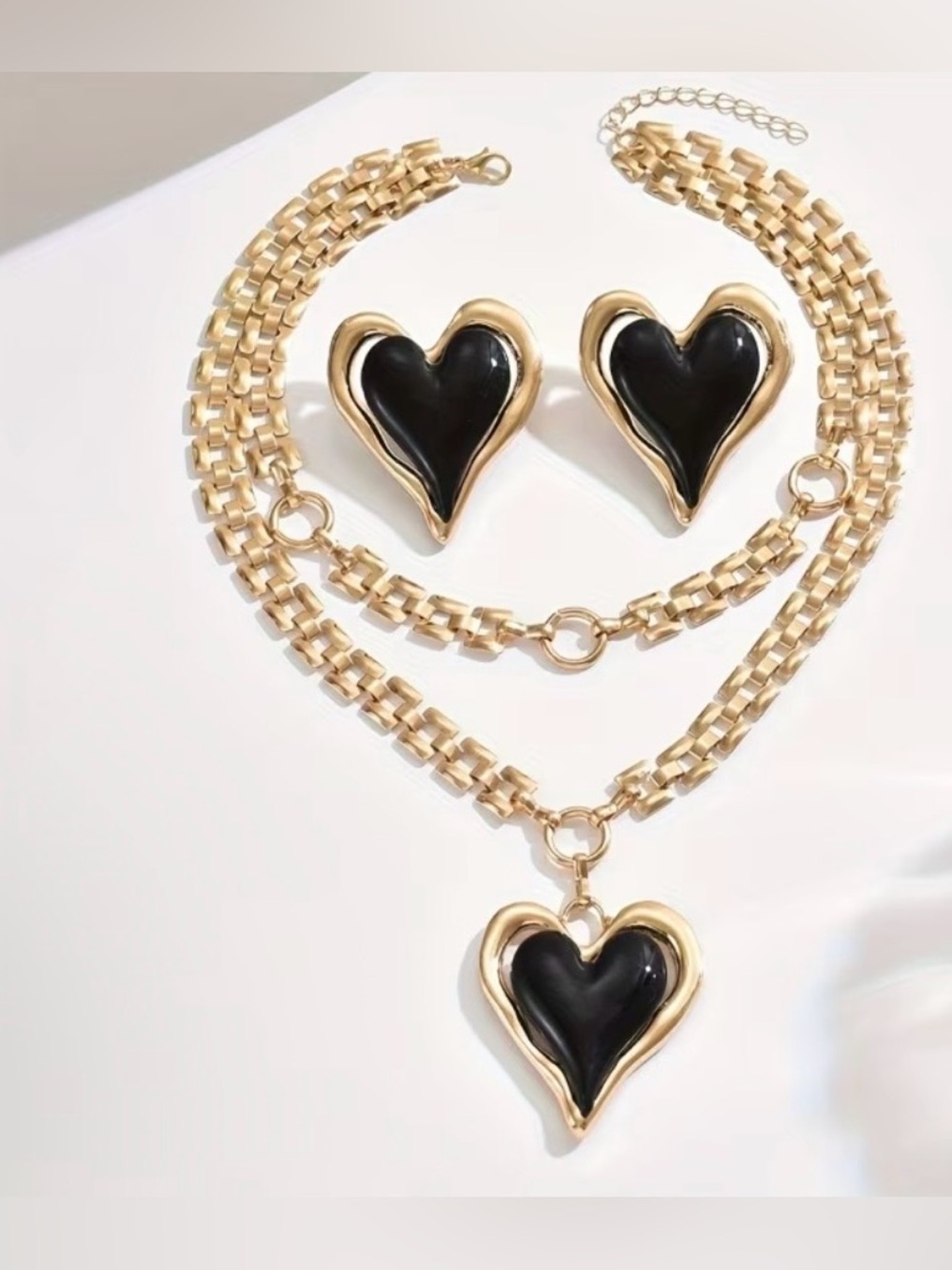 Gold and Black Heart Pendant Necklace & Earrings Set - Picture 4 of 6